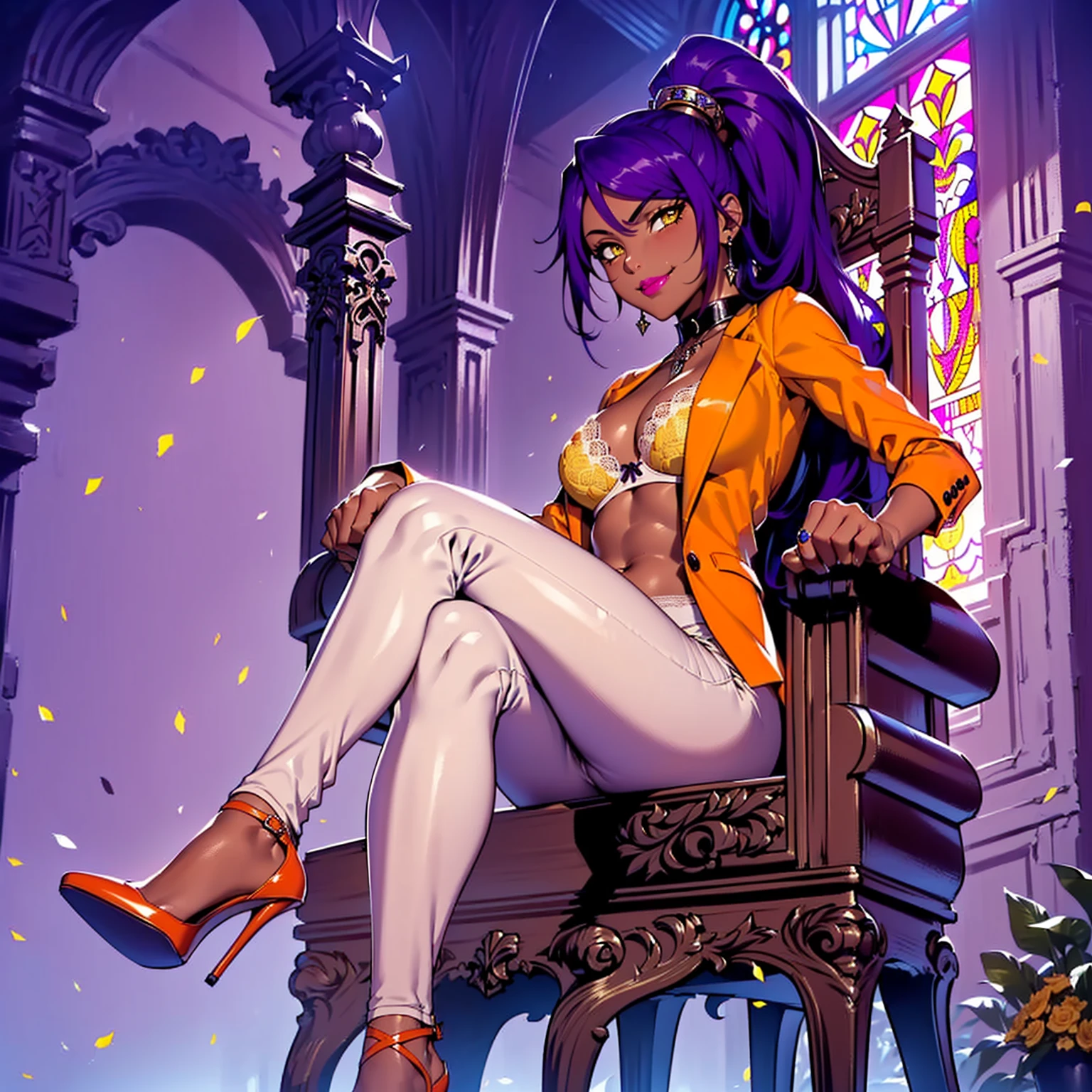 ((1girl, solo ,alone, yoruichishihouin, yellow eyes, yoruichi shihouin, long hair, (yellow eyes:1.5), ponytail, purple hair, dark skin, dark-skinned female, )), ((solo, 1woman, pink lipstick, Extremely detailed, ambient soft lighting, 4k, perfect eyes, a perfect face, perfect lighting, a 1girl)), austere, ((fitness,, shapely body, athletic body, toned body)), (( orange blazer, orange thermos, white pants, red high heels, stiletto heels, pointy toe heels, throne, gothic throne, crossed legs, jewelry, lace bra, stained glass, obelisks, smug smile ))