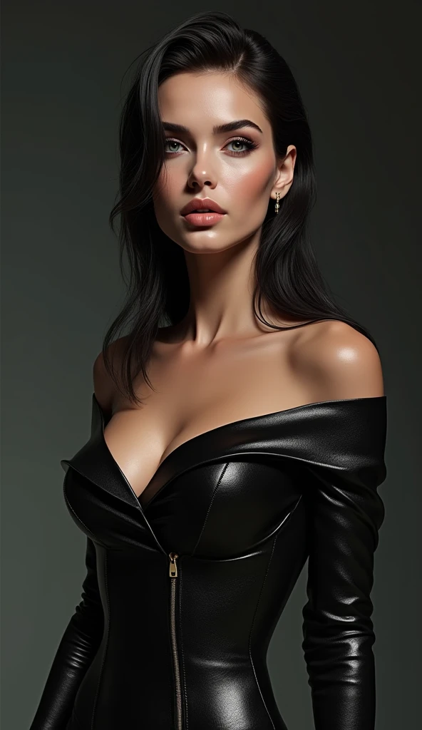 Gorgeous european woman with short hair, braided hair, wet hair, hair slicked back, combed straight back, slick hair, black gradient hair, dressed as a witch, hat, jewelry, cleavage, glamour, solid dark grey background