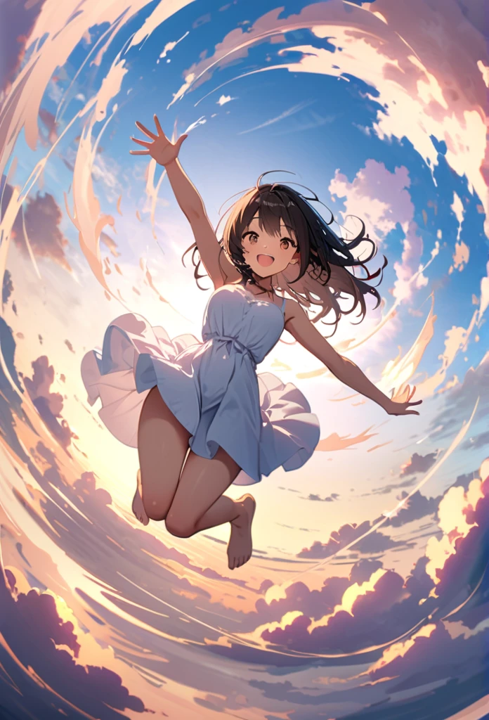 Highest quality, Very detailed, up to date, Vibrant, masterpiece, Highest quality, Best aesthetics, Floating in the sky, on the clouds, Pastel clouds, fly in the sky, Blurred Background, Above, One woman, Black Hair, face up shot, smile, big smile, Get excited, barefoot, Dynamic Angle, dynamic, Floating, Dynamic pose, White Dress, The wind is blowing, Vivid light, Colorful Scenes, momentum, lens flare