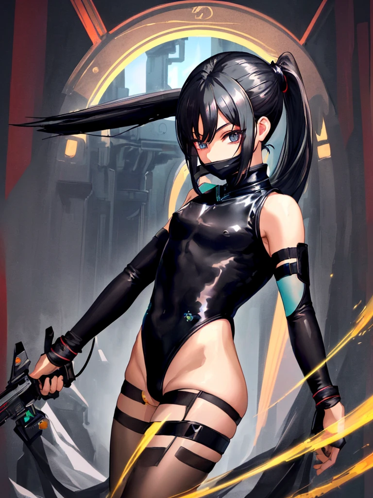 Ninja, ponytail, black mask, big breasts, torn clothes, no panties, no bra, restrained, rope, hands behind