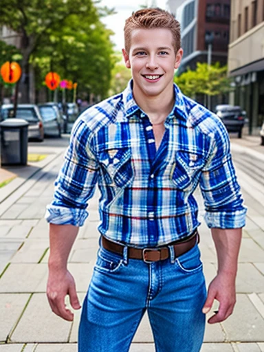 a young man wearing a plaid shirt standing on a city sidewalk, 1boy, male focus, solo, denim, pants, realistic, shirt, blue eyes, jeans, smile, brown hair