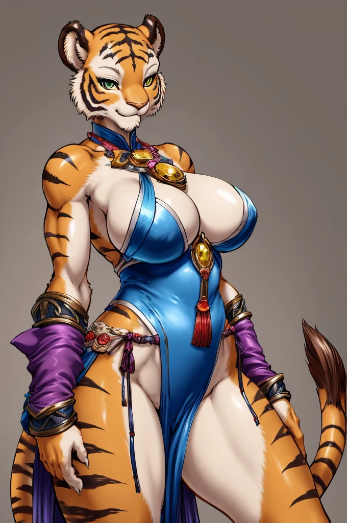 ((lion)), furry female anthro,cat girl,HD,sharp,beautiful and detailed,woman ((anthro)),1girl,Milf, mature woman,(look at viewer),yellow skin,(tiger stripes),by dr comet,by pochincoff, by jlullaby,by kingbang,by obui,by ZeroQrisu,by sparrow,by gmeen,(beautiful breasts),(huge ass),standing:0.8,kung fu outfit,smile,(no hair),((simple background)),(gray background),
