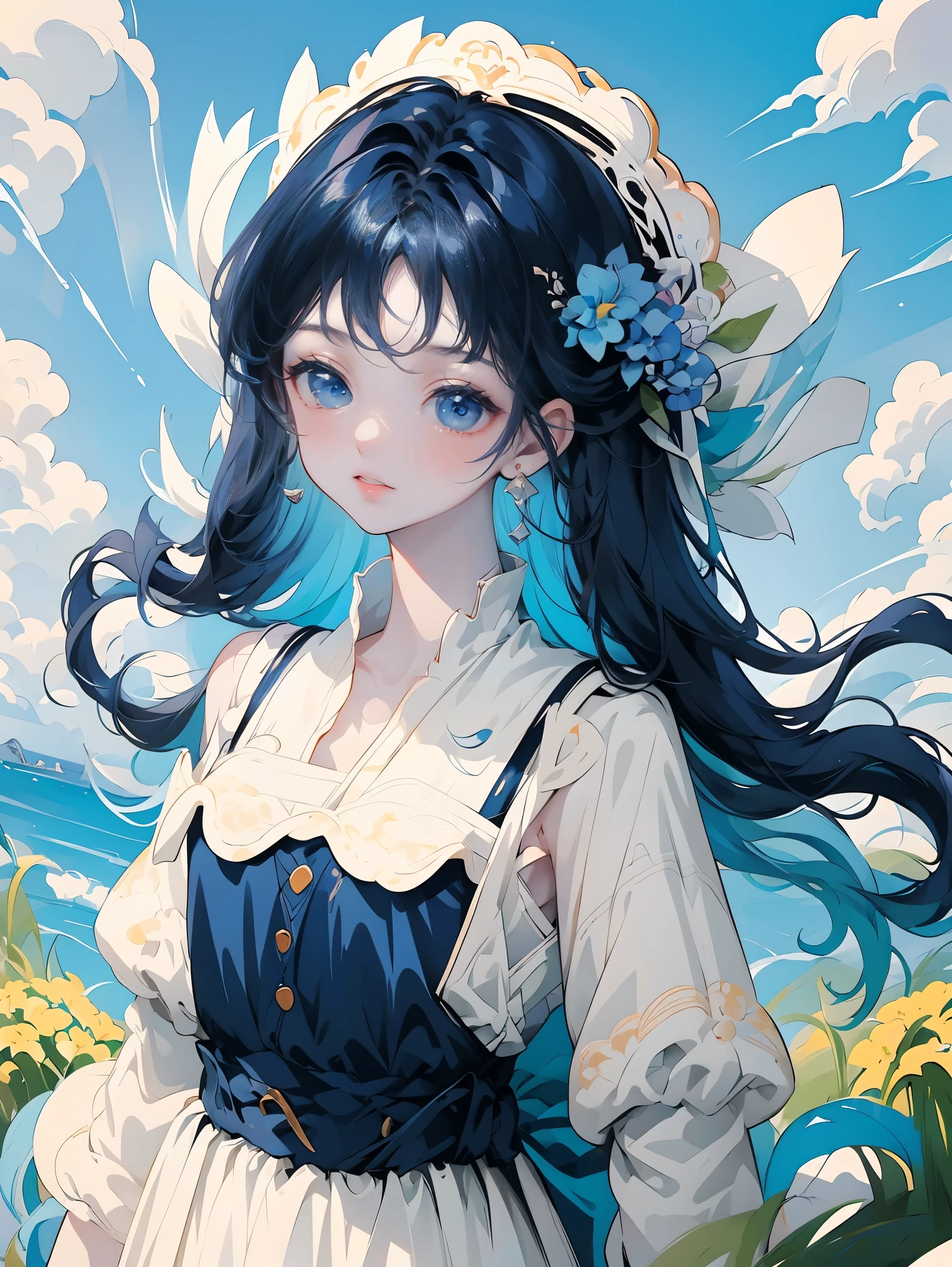 (masterpiece), (The best), (Super detailed),(The best shadow:0.4), (最佳illustration), anime style，illustration, fine details, 1 girl, alone, long hair，dress, flowers，blue sky, Baiyun, Sunlight, White Skirt, (fine detailsed iris), Smile