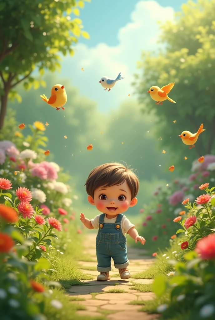 A vibrant and cheerful outdoor scene featuring a small child sitting under a tree, smiling happily. The child is holding a toy and surrounded by colorful flowers. Birds are flying around, chirping joyfully, and the sun is shining with golden rays, creating a warm and sunny atmosphere. The image should evoke a sense of joy and a bright, playful day.