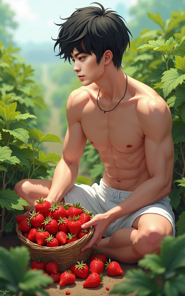 a naked man、Fruit peach、Peach Orchard、blue sky、A lot of peaches fruit on the background、Glowing Skin、Completely naked、Back view、Butt、teenager、 shirtless , realistic handsome Korean face , modest muscles , masterpiece、A high resolution、hyperrealism、detailed face、solo、a men、glowing skin、(Asian)、(young、teenager)、Handsome、detailed background
