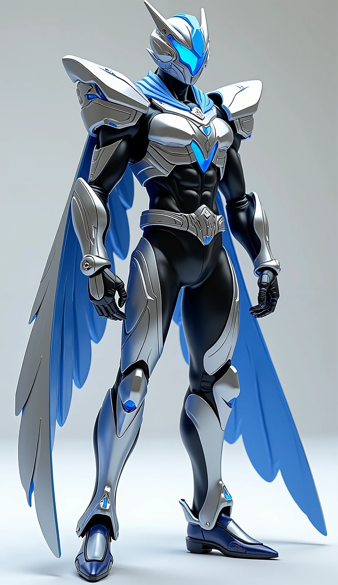 Huge muscles,Devilish wings,Devilish horns,Clear liquid dripping from penis,black costume,Huge erect penis,Ready your weapon,An angel cloaked in evil aura,The color of the face is Caucasian skin tone.,A suit with white and blue lightning bolt lines,Blue black hair with bright blue streaks