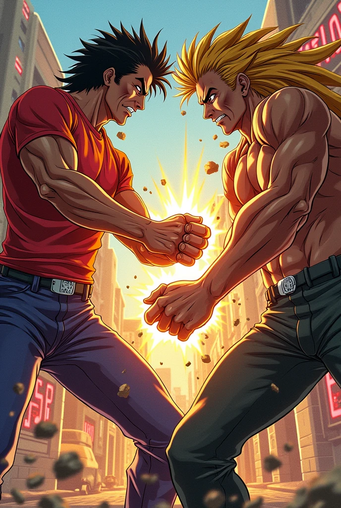 Dio pink hair shirtless pink pants, jotaro black hair shirtless shorts and sneakers jojo pose
