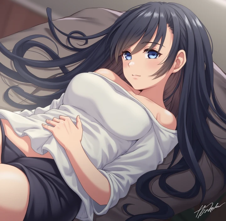 ((best quality)), ((masterpiece)), (detailed), perfect face
Sexy anime girl with a mini skirt with thin butterfly panties laying down with her legs spread apart touching her big  with her bra on the bed