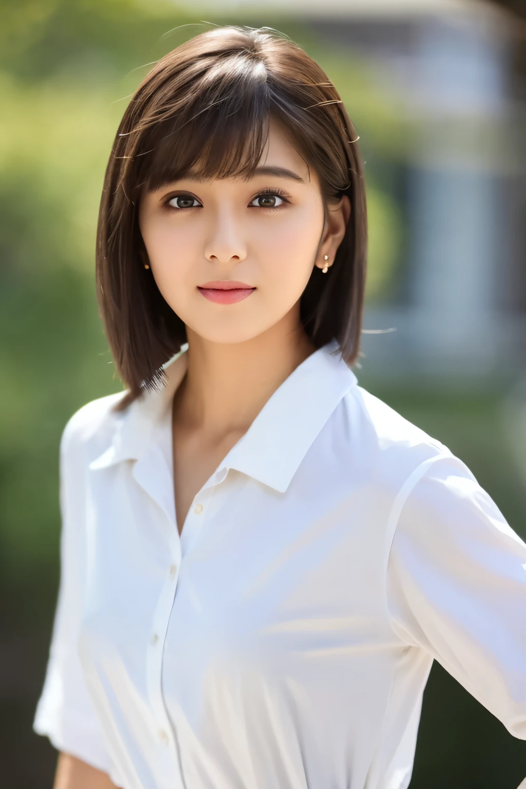 (8k, RAW photos, top quality, masterpiece: 1.2), ultra detailed, super resolution, (real photos: 1.37), portraits, high definition RAW color photos, professional photos, official art, highly detailed CG Unity 8k wallpapers, beautiful Japanese woman, {30|40} years old, highly detailed faces, Highly detailed eyes, highly detailed skin, Highly detailed nose, Highly detailed mouth, Perfect anatomy, Highly detailed background, Highly detailed clothing, One Girl, housewife, realistic body, white skin, radiant skin, slender body, very thin waist, handsome body, brown hair, {short|long} hair, (blunt bangs:1.2), cute face, slight smile, Realistic Face, White shirt, Earrings, Camera Gaze, Cowboy Shot, Standing Figure, Dynamic Lighting,