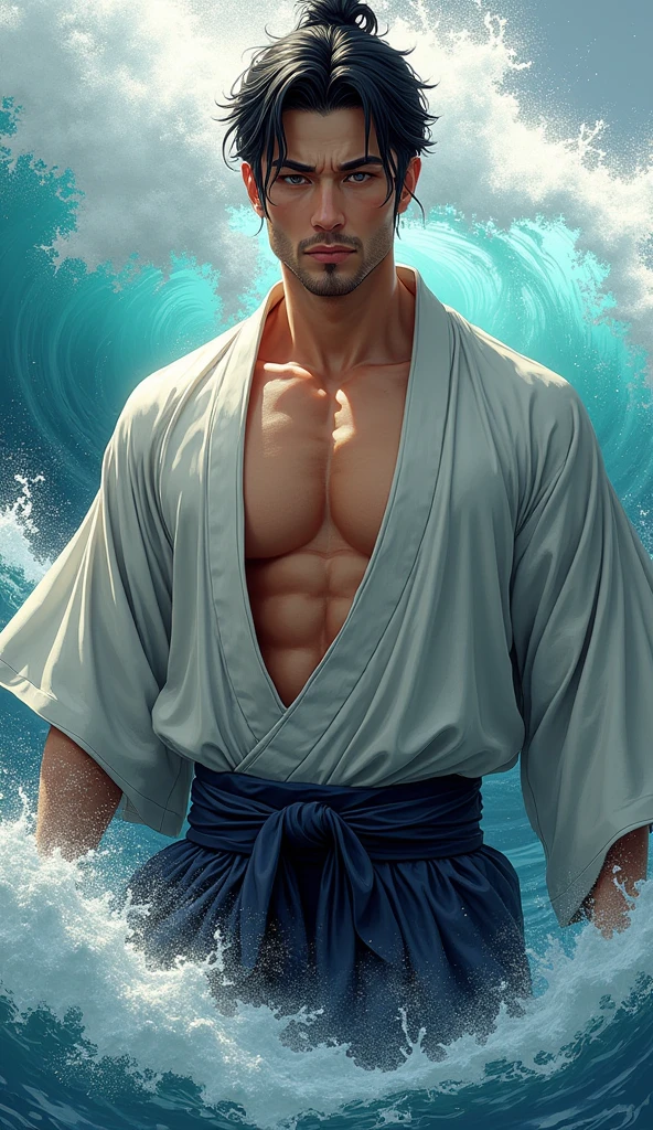 Japanese man holding two swords、Tying long hair、Upper body、Dark blue kimono、muscular body、complex background、beach behind、cloudy sky in the daytime、Overall dark background、((best quality)), ((masterpiece)), (detailed)、dramatic、Japan Island