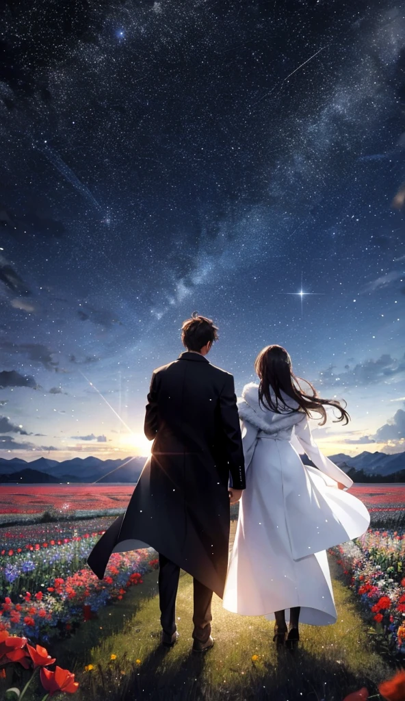 Starry Sky，Animated scene of a couple standing in a flower field,Rear view，Understanding facial expressions，The man is wearing a long black coat，The woman is wearing a white long coat