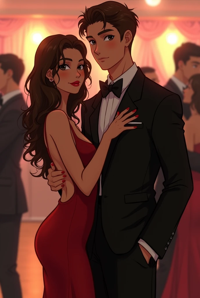 Make an anime style drawing of a white American woman with long brown hair and brown eyes and fairly big breasts walking with a tall white American man with brown hair and blue eyes and a nice build and fairly large bulge. The girl is wearing a very small tight short and revealing black dress and some black high heels and the man is wearing a nice black suit. They are walking hand and hand and one of the man’s hands is groping her butt cheek and they’re surrounded by paparazzi