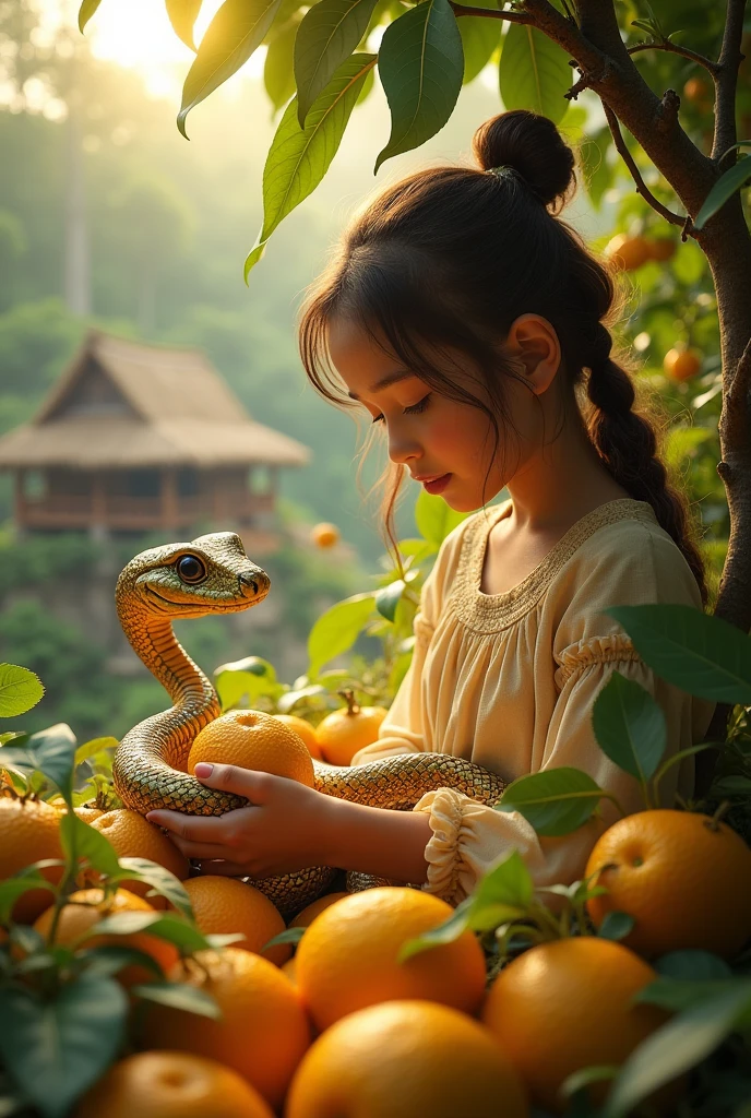 The girl collecting the golden fruits with the snake’s help, with a sense of accomplishment and the village in the background.