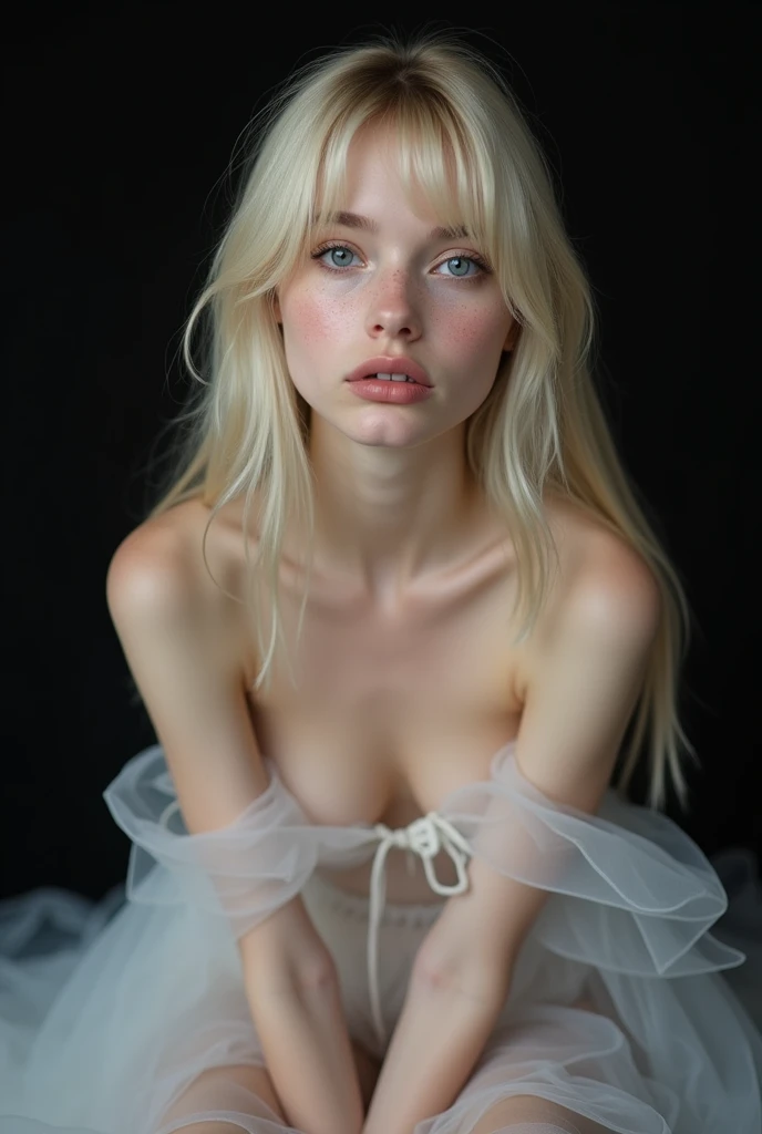  delicate albino, looking at camera, orange dress up 
