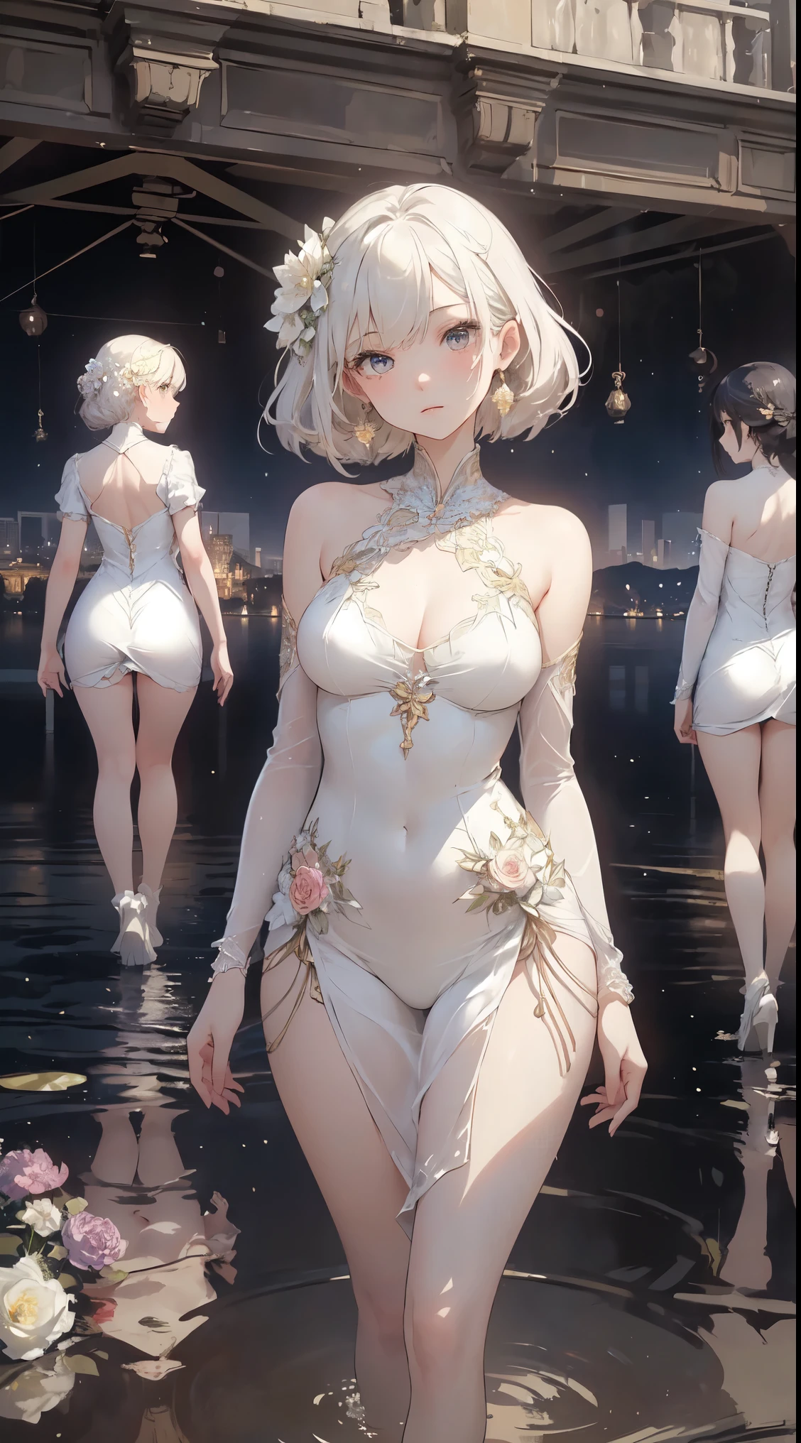 ((Best quality)), ((masterpiece)), (detailed), (perfect face), (very young girl), ((((very slim and very skinny sexy body, narrow waist, no fat)))), ((((small breasts)))), ((white hair)), ((horny blushes and smiles)), ((((dressed in extremely narrow and (((absolutely transparent))) white loose maxi dress)))), (((((extremely very deep neckline))))), (((in public crowded restaurant))), (((pantiless))), ((((clean shaved pussy)))), ((stands still in front of me, arms behind back, crotch pushed forward)), (((pussy slightly covered by absolutely transparent fabric)))