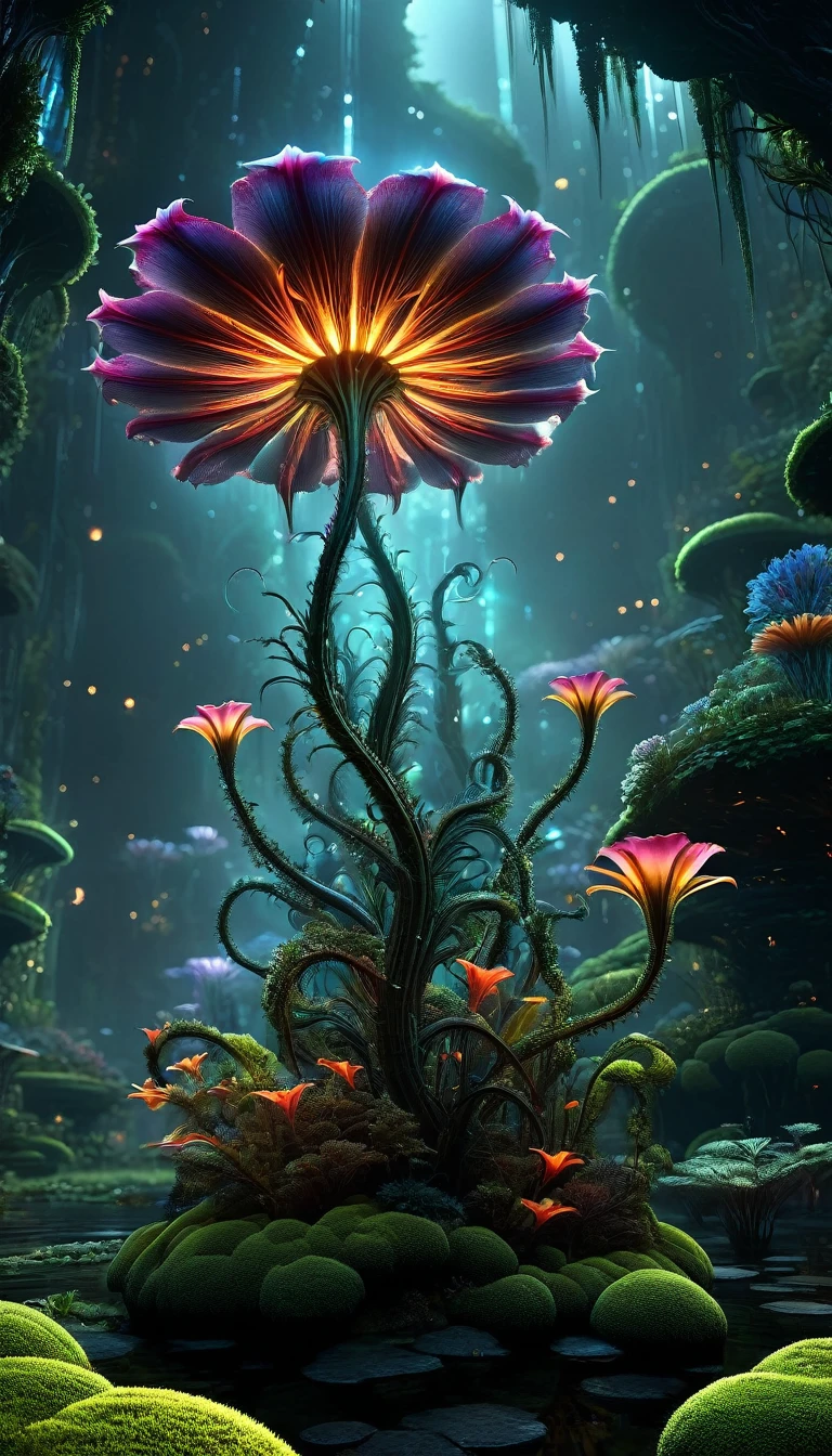 A stunning poster featuring a glowing ALIEN FLOWER in symbiosis against a black background, adorned with dark accents and moss details. Created by Snakeskin Huang Guangjiang and Dan Witts for CGSociety, the work boasts 8K resolution and HDR color gamut, sophisticated artistic rendering, futuristic sci-fi aesthetics and digital art influences. The vibrant design is detailed and high resolution, with 3D rendering and a frontal perspective currently trending on ArtStation.