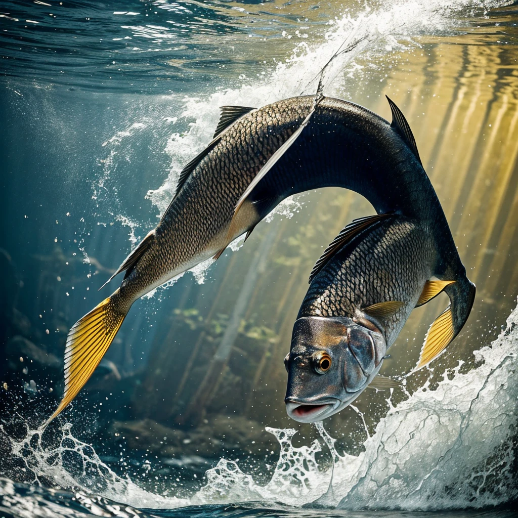 Create a bold and dynamic design for the back of a T-shirt. The main focus is a tilapia fish, mid-jump, leaping out of splashing water. The fish should have a strong and powerful pose, with exaggerated lines to convey motion. Use a combination of metallic gold and deep black for the fish and water, creating a sharp contrast and a sense of strength. The overall style should be modern and eye-catching, with a focus on boldness and energy.