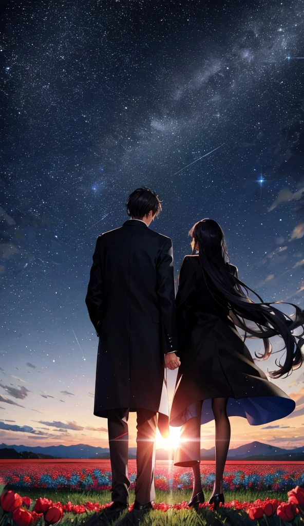 Starry Sky，Animated scene of a couple standing in a flower field,Rear View，Understanding facial expressions，The man is wearing a long black coat，The woman is wearing a white long coat