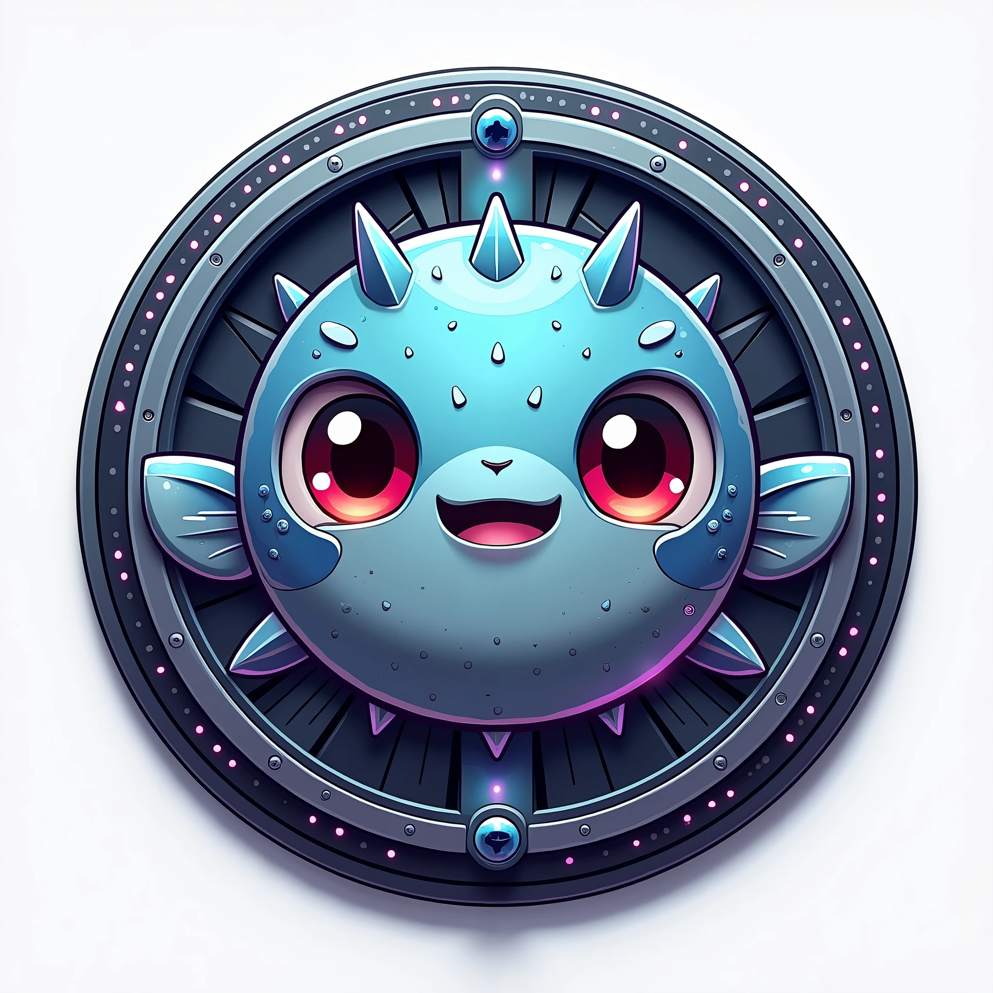 SeaArt mascot badge, puffer fish, futuristic