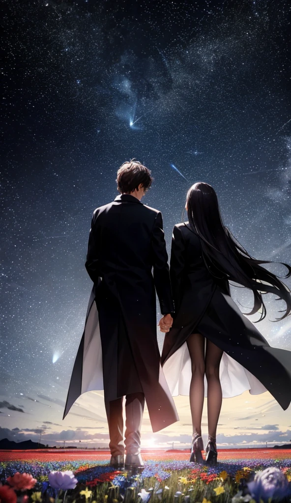 Starry Sky，Animated scene of a couple standing in a flower field,Rear View，Understanding facial expressions，The man is wearing a long black coat，The woman is wearing a white long coat