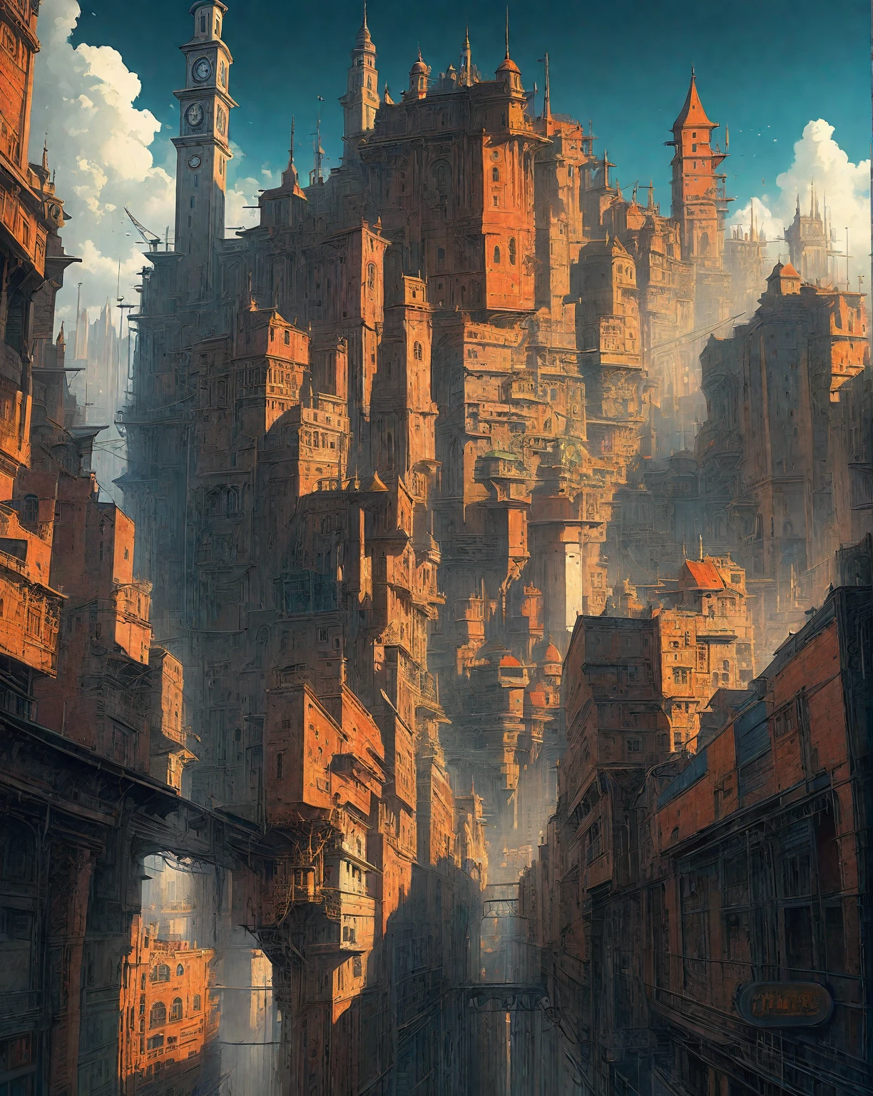 there is a drawing of a city with a clock tower, insanely highly detailed artwork, realistic painting of a complex, complex layered composition!!, expansive detailed layered city, realistic intricate concept art, big and structured valhalla city, multi layered huge architectures, insanely detailed art, atelier olschinsky, intricate cyberpunk city, intricate matte painting, intricate concept art