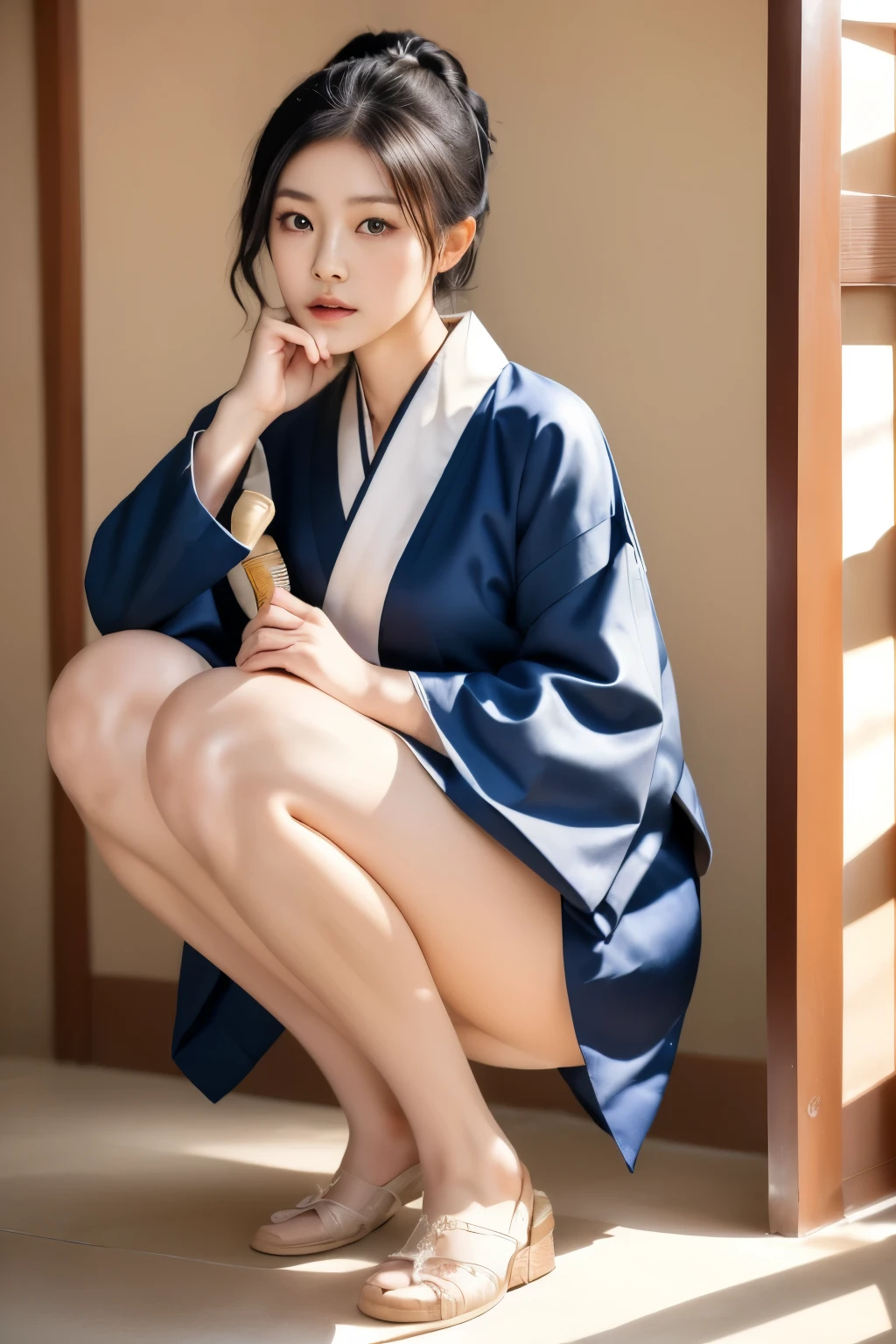 masterpiece、8K、32K、top-quality、nffsw、A cute Japanese woman、detail portrayal、1 girl in、elegent、28 year old、(Semi-undressed kimono、intricate underwear:1.1)、jpn、cowboy shot、Sit up、timido