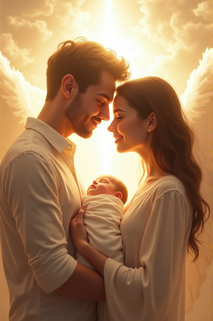 Two baby boys with wings, saying goodbye and going into the clouds, in front a woman looking back with long hair that hits her butt and dark brown and a man by her side with his hands on the woman's back, The woman is pregnant.