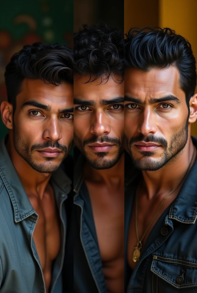 3 man, quickly clear, latino, light brown eyes, black hair, curly, undercut, Lying on the bed, with arms behind head, smiling provocatively, with an erection in his ?????.