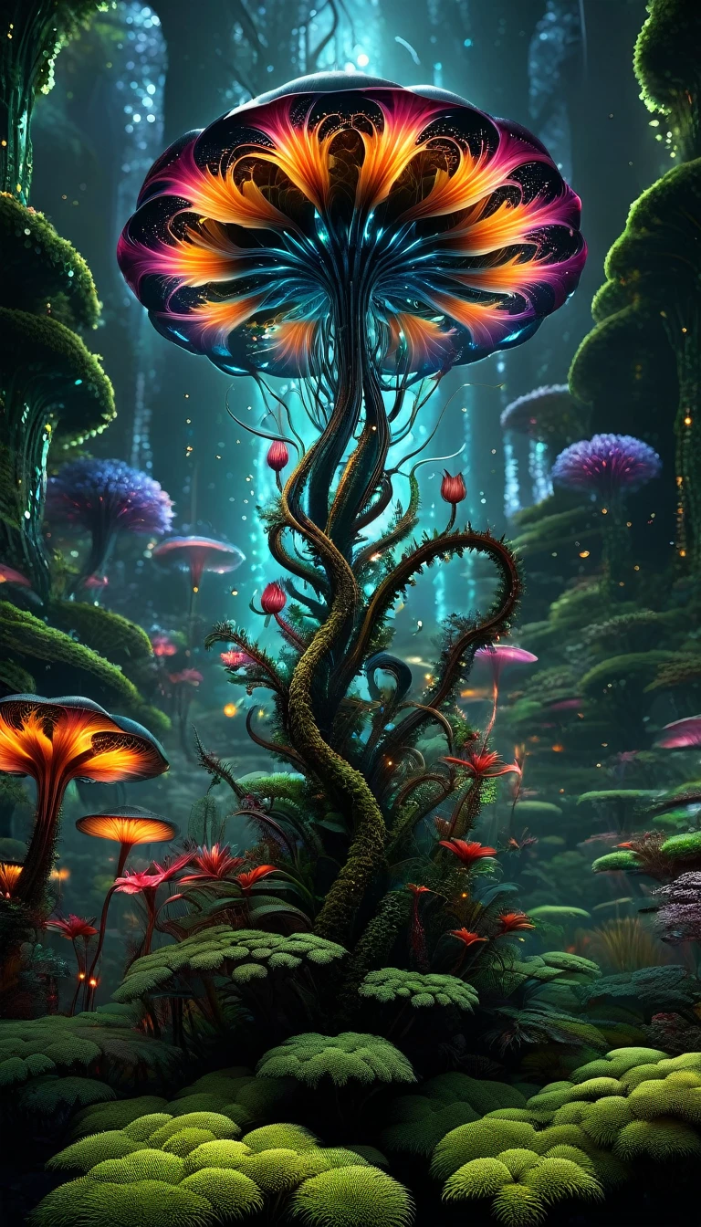 A stunning poster featuring a glowing ALIEN FLOWER in symbiosis against a black background, adorned with dark accents and moss details. Created by Snakeskin Huang Guangjiang and Dan Witts for CGSociety, the work boasts 8K resolution and HDR color gamut, sophisticated artistic rendering, futuristic sci-fi aesthetics and digital art influences. The vibrant design is detailed and high resolution, with 3D rendering and a frontal perspective currently trending on ArtStation.