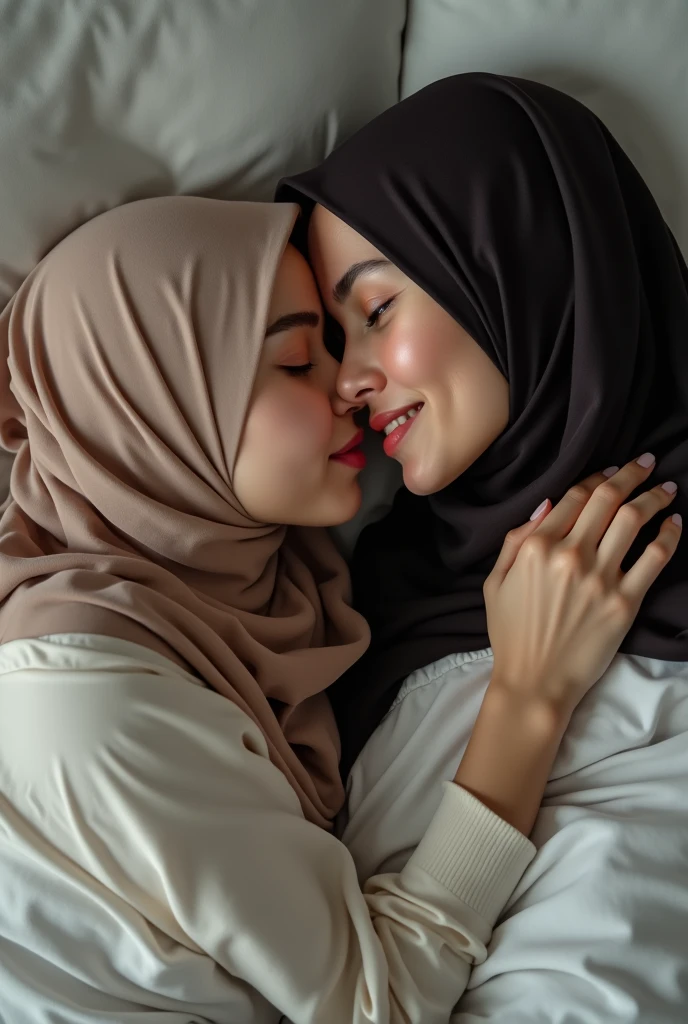 extreme close up of two beautiful teacher hijab indonesian lesbian girl laying down,bra and panties,hugging,french kiss,lesbian sex,,in a car 