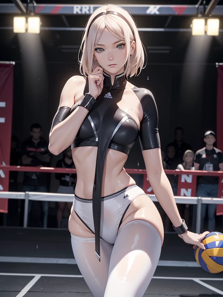 1girl, beautiful girl, cute girl and idol face, young face, smile, white skin, short hair, bob cut hair, silver hair, antenna hair, shiny hair, shiny skin green eyes, beautiful eyes, medium breasts, White leotard, thong, see-through, nipples through, indoor stadium, rhythmic sports gymnastics,