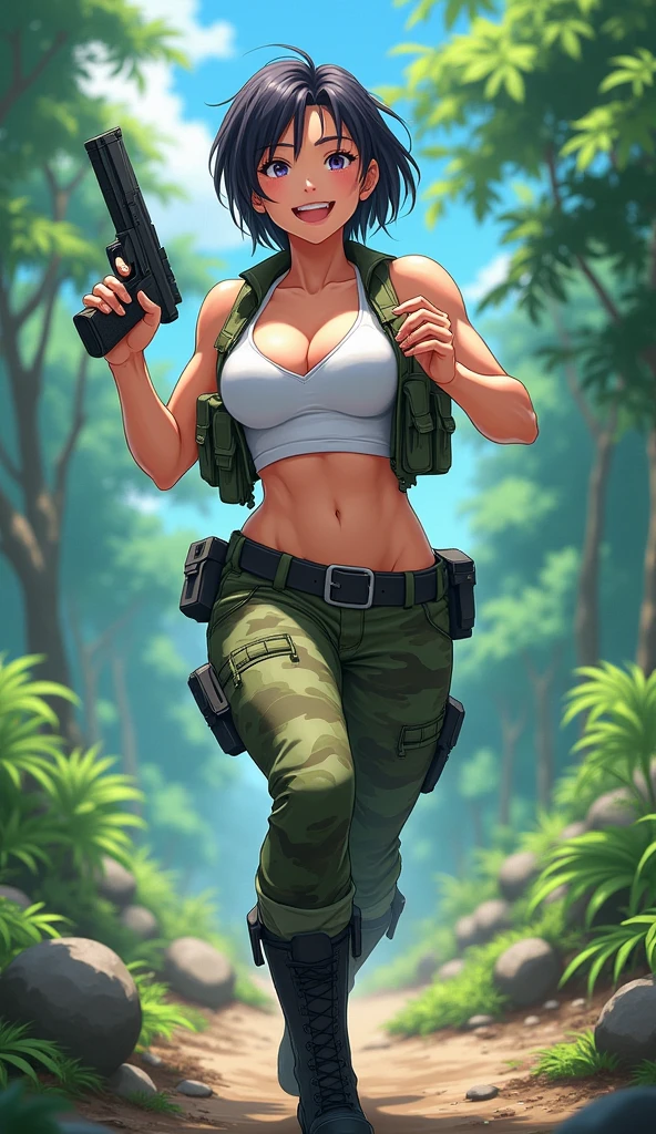 masterpiece, best quality, expressive eyes, perfect face, large breast, big breast, small waist, perfect figure, highly detailed, showing cleavage, brown eyes, large nipples, Brown hair, one pony tail, bangs, dressed as lara croft, full body portrait, she's in the desert, brown shorts, belt gun holster, teal spandex top, brown hiking boots, brown shorts, dark brown shorts, short shorts, teal top, mid section exposed, brown shorts, standing by aztec temple, she is in the jungle