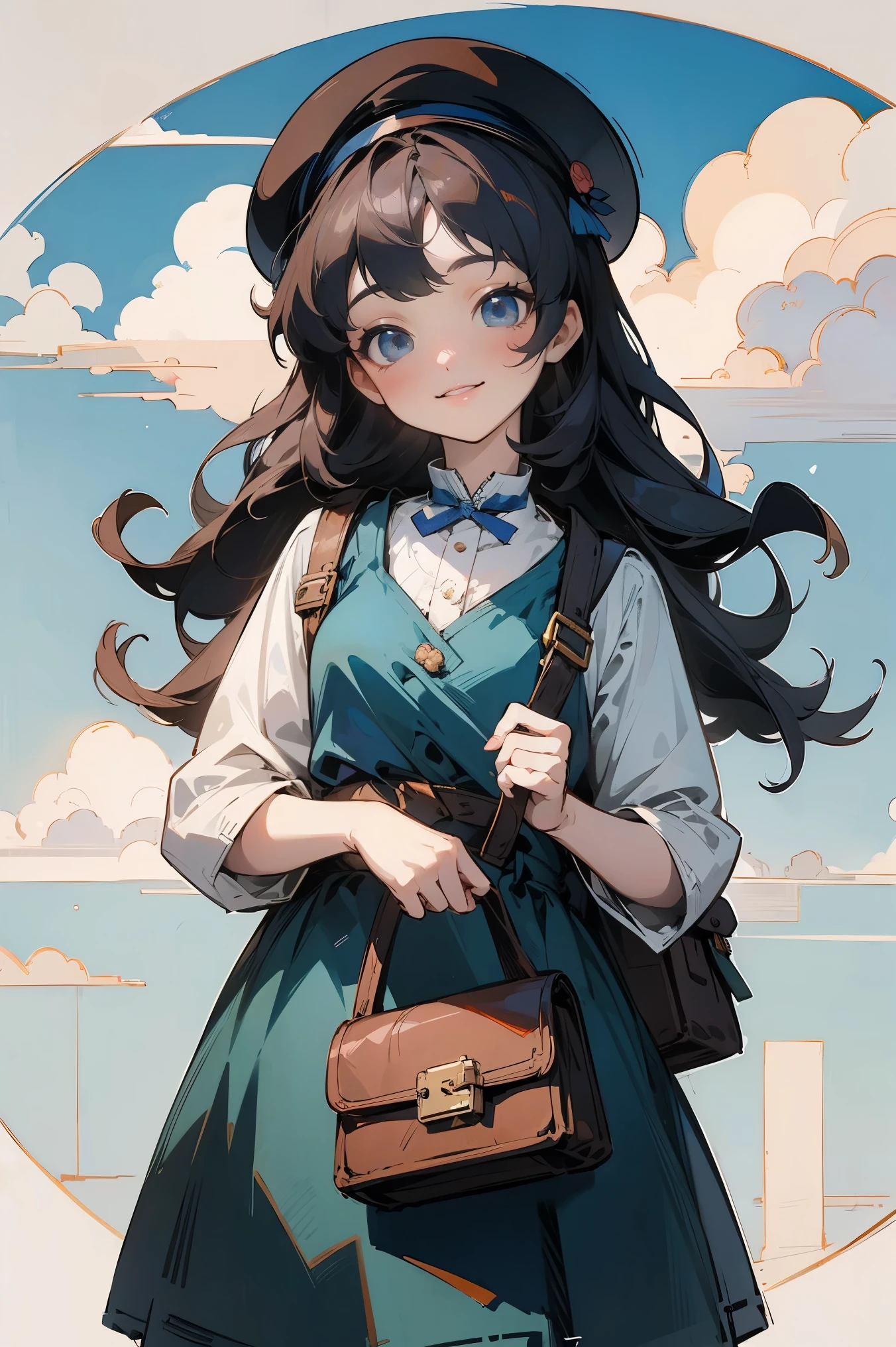 (masterpiece), (masterpiece), (Super detailed),(The best shadow:0.4), (最佳illustration), anime style，illustration,  1 girl, alone, long hair，dress, flowers，blue sky, Baiyun, Sunlight, ,beret，Crossbody Bags, Smile，pretty face