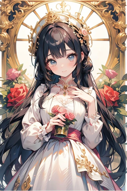 dynamic pose, cute anime girl, roses, pearly accessories (rococo style) (kawaii),(best quality),(ultra detailed) with an elaborate frame around the border, elaborat