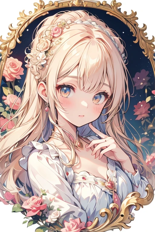 dynamic pose, cute anime girl, roses, pearly accessories (rococo style) (kawaii),(best quality),(ultra detailed) with an elaborate frame around the border, elaborat