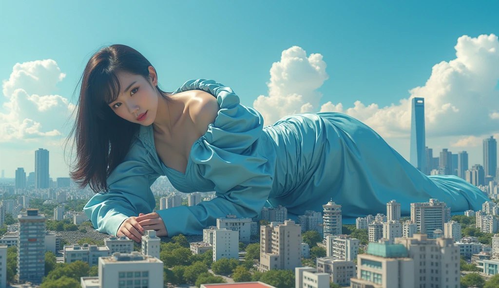 A woman with the supernatural power to fly、(Soaring above the big city:1.6)、(Hair blowing in the wind and clothes fluttering in the wind:1.3)、Charming smile、Distinctive and attractive costumes、Dynamic pose、Shot from a dynamic angle、Full Shot、mynatalee women 、 (highest quality、4k、8k、High resolution、masterpiece:1.2)、Super detailed、(Real、Photorealistic、Photorealistic:1.37)、HDR、Bright colors、Portrait、Sharp focus、Studio Lighting、anime、Bright colors