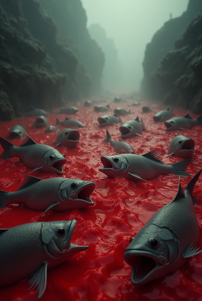 Nile water transformed into blood: Represent the Nile river flowing red, with dead fish floating on the surfac