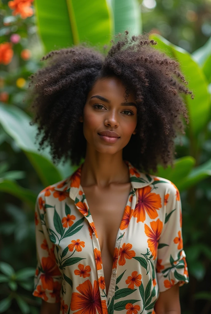 A Brazilian woman in a lush tropical garden, wearing an open shirt with a floral print, with a close-up capturing the harmonious beauty between her breasts and the natural flowers, showing off your natural charm and outgoing personality.