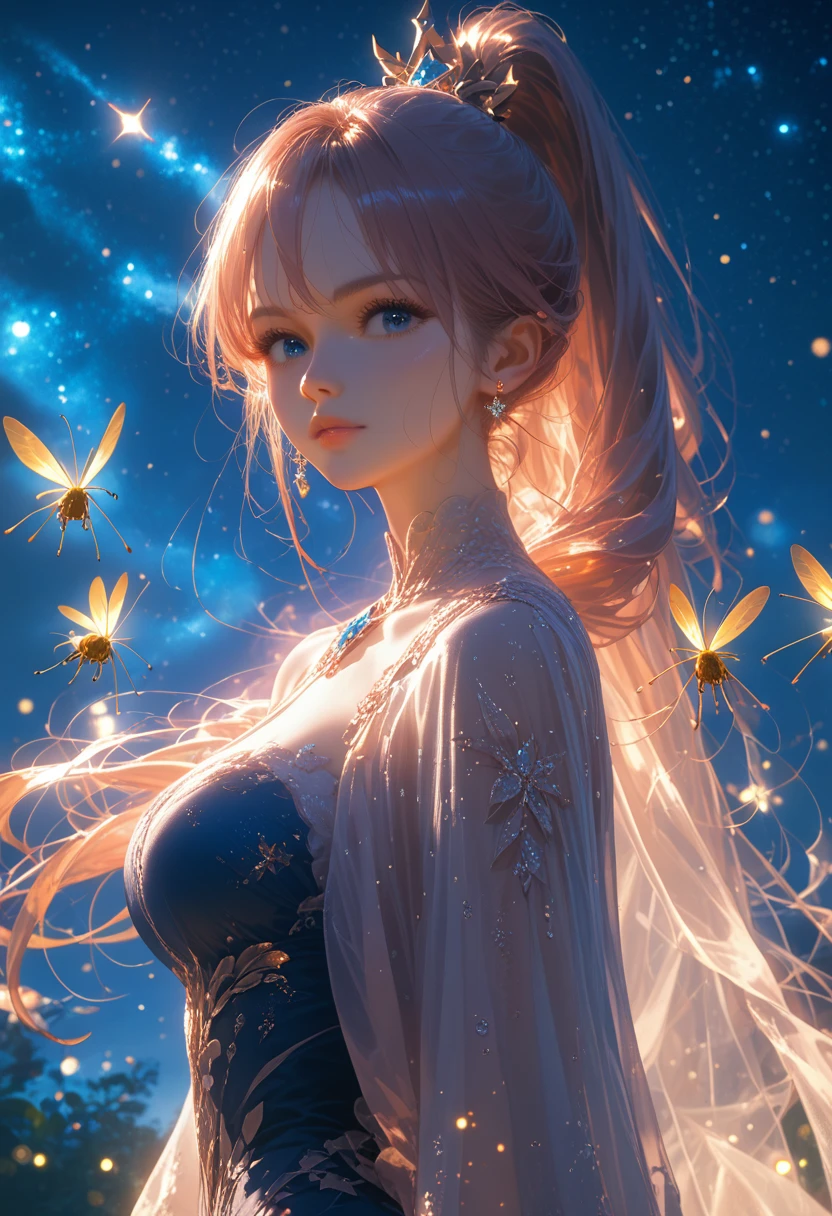 anime girl, in Ordinary Clothes everyday Beautifully Dressed, Long Hair Ponytail, Looks at the Stars, which are very bright and beautiful, The sky sparkles, night, Little Fireflies little fly fly, Beautiful views, bright colors, masterpiece,  core_9, score_8_up, score_7_up, dramatic lighting, highly detailed, high budget, bokeh, cinemascope, moody, epic, gorgeous, film grain, grainy, masterpiece, best quality, perfect anatomy, very aesthetic, official art, 8k,