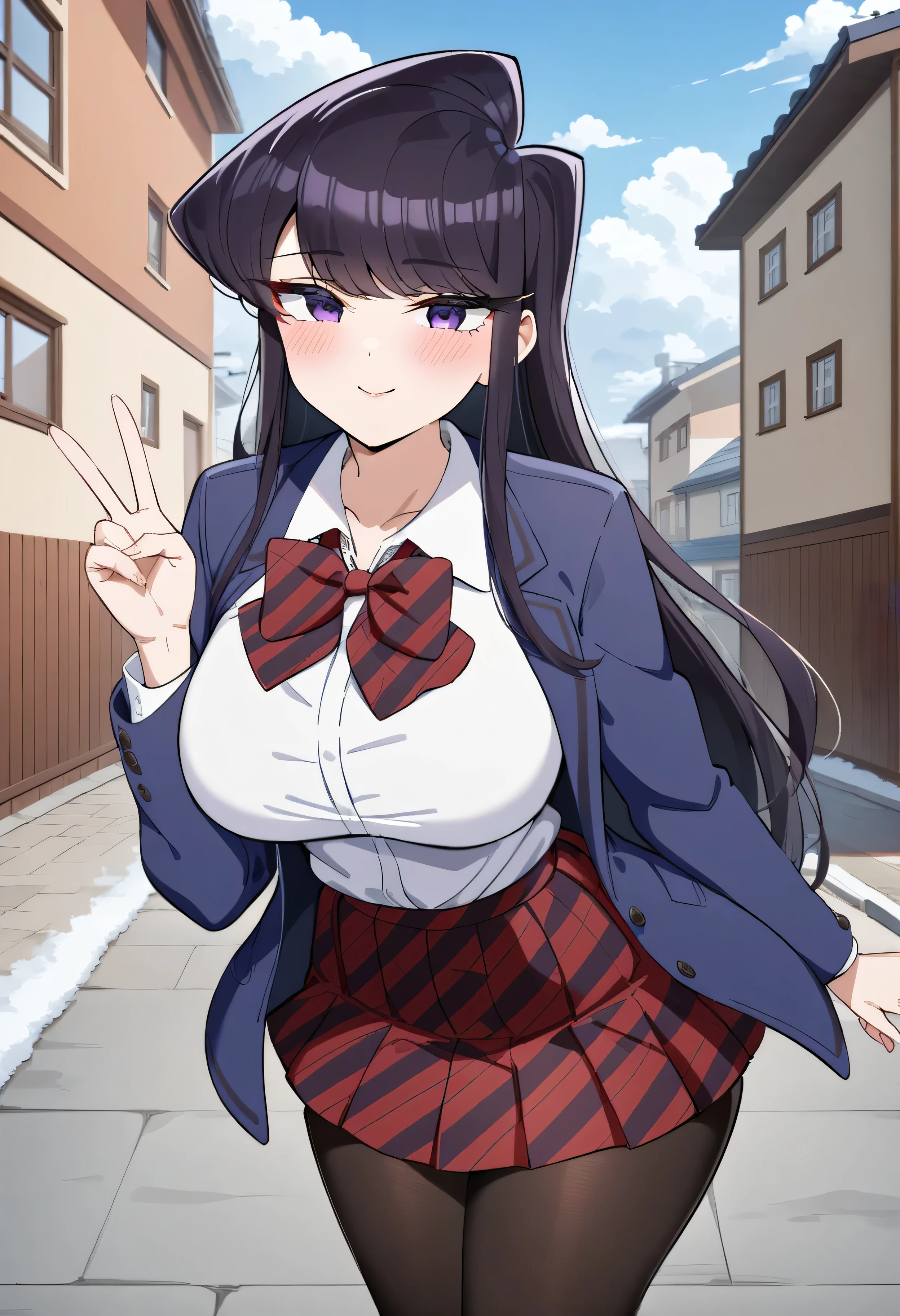 (anime art style:1.0), 2d, masterpiece, best quality, very aesthetic, absurdres, dynamic shadows, atmosferic, komi_shouko, 1girl, solo, black hair, (long hair), bangs, narrow eyes, purple eyes, big breasts, (curvy body), makeup, blush, (school uniform:1.0), blue jacket, closed jacket, white shirt, plaid skirt, red skirt, red bowtie, plaid bowtie, miniskirt, pantyhose, black pantyhose, collarbone, smile, close mouth, cowboy shot, from front, (v), standing, (looking at viewer:1.0), winter, clouds, sky, street, houses