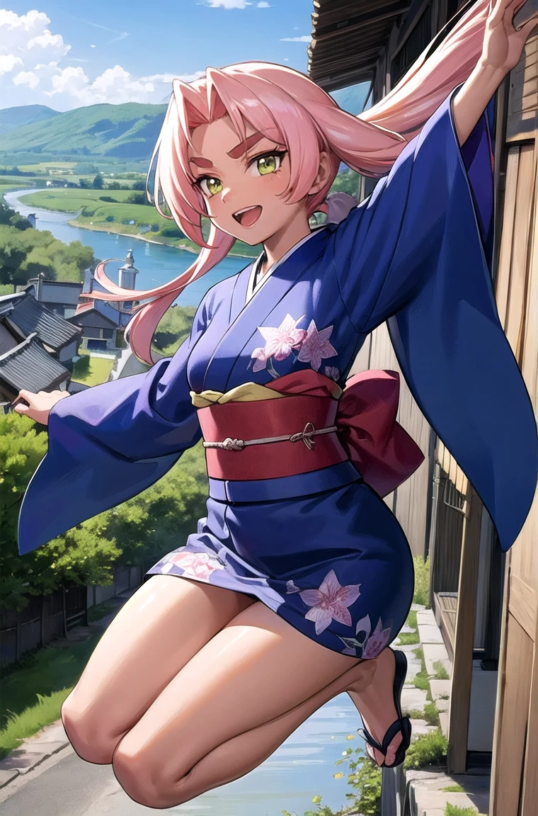 (masterpiece, best quality, detailed), 1girl, solo, looking at viewer, hkingrid, dark skin, purple lipstick,
yukata, kimono, obi, print kimono, japanese clothes, short kimono, outdoors, house, rural, village, scenery, path, river, bridge, jumping, outstretched arms, arms up, midair, smile, open mouth, teeth, v-shaped eyebrows, sloppily dressed, nipple peek, pussy peek, young, small breasts,