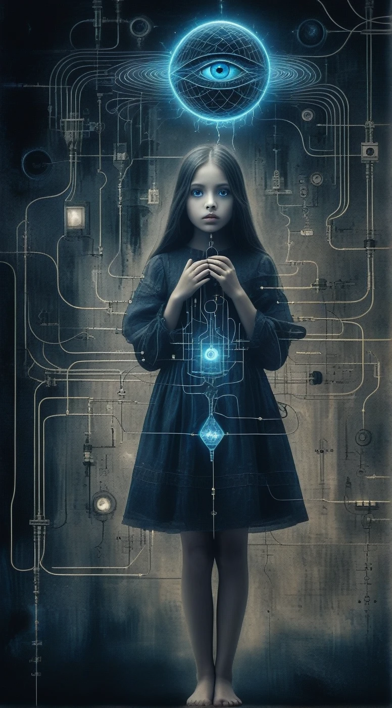 ampereart In the depths of the electrical, a dark and mysterious world unfolds, where a surreal death girl with eyes of liquid blue wanders, lost in electrical enigmatic dreamscape surrealistic electrical diagrams