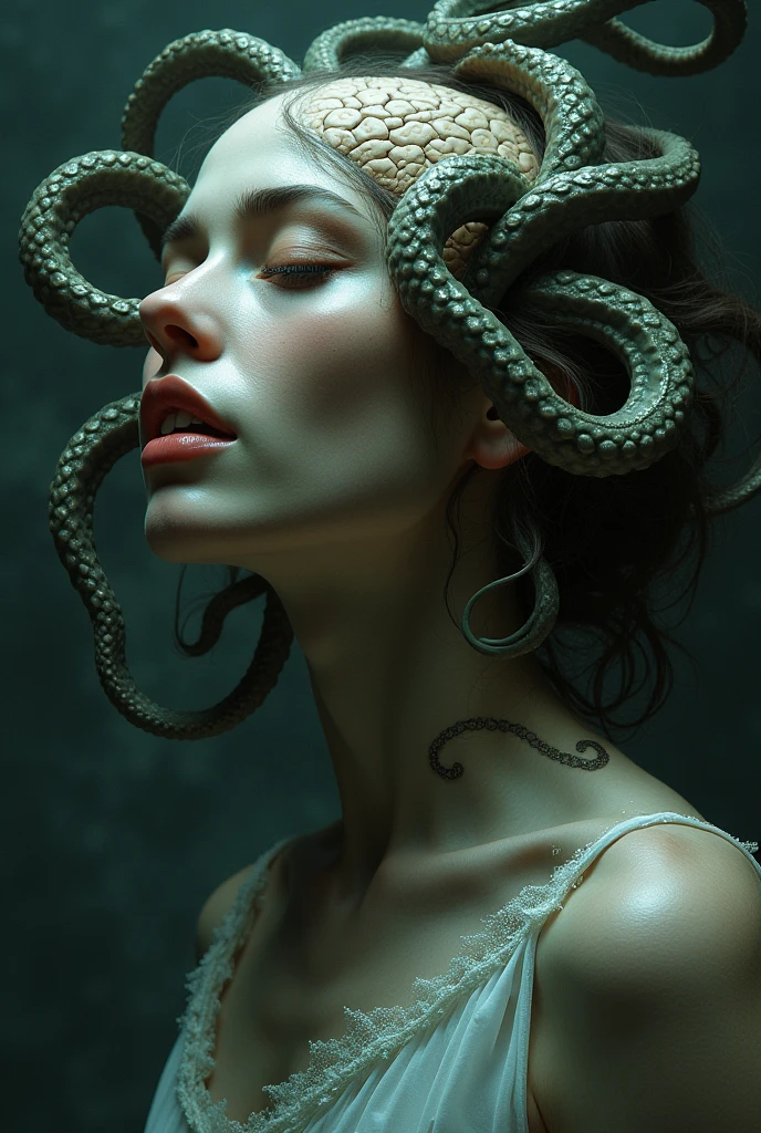 An enchanting and powerful illustration of Medusa, Greek mythology featuring head of snakes, The artwork showcases intricate black line work  resembling a tattoo design sketch."