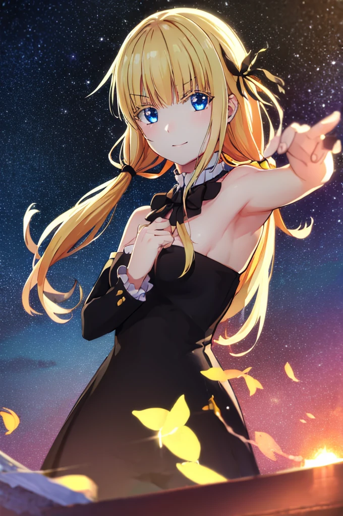 score_9, score_8_up, score_7_up, source_anime, julietpersia, juliet persia, long hair, bangs, blue eyes, blonde hair, black ribbon, black bow, hair ribbon, hair bow, smile, twintails, BREAK black dress, dress, strapless, strapless dress, BREAK outdoors, seaside, BREAK looking at viewer, (cowboy shot:1.5), BREAK (masterpiece:1.2), best quality, high resolution, unity 8k wallpaper, (illustration:0.8), (beautiful detailed eyes:1.6), extremely detailed face, perfect lighting, extremely detailed CG, (perfect hands, perfect anatomy),medium breast,looking at viewer, bare shoulder