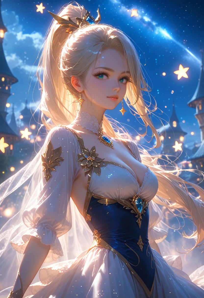 anime girl, in Ordinary Clothes everyday Beautifully Dressed, Long Hair Ponytail, Looks at the Stars, which are very bright and beautiful, The sky sparkles, night, Very Beautiful Stardust Sparkles Like Fog, Beautiful views, bright colors, masterpiece,  core_9, score_8_up, score_7_up, dramatic lighting, highly detailed, high budget, bokeh, cinemascope, moody, epic, gorgeous, film grain, grainy, masterpiece, best quality, perfect anatomy, very aesthetic, official art, 8k,