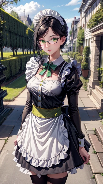 Focus on the upper body, Realistic, One girl, Black Hair, Glowing green eyes, Maid uniform, (Black-rimmed glasses:0.7), Standing pose, Manor Background, Perfect limbs,