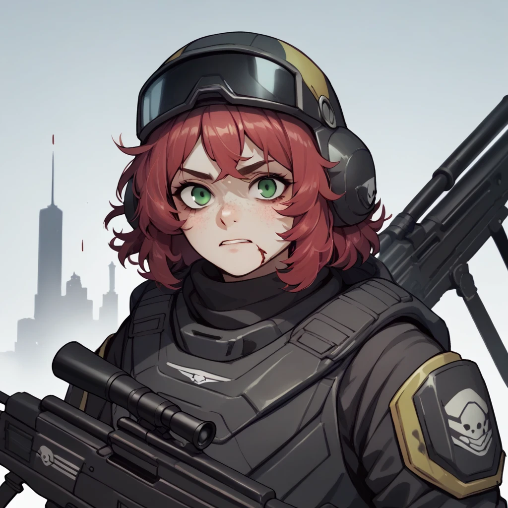 Female Helldiver Sniper without helmet, messy red hair, freckles, green eyes, and a burn scar on her left eye. Holding a sniper rifle. 