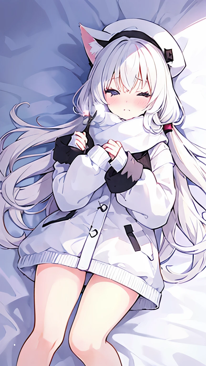 Cute anime girl, white long hair, fluffy cat ears, white skin, black eyes, winter scarf, white beret, plain white winter jacket, white short skirt, exposed thighs, exposed legs, plump skin, blushing, one eye closed, laying in bed, NO panties, nsfw, missionary POV