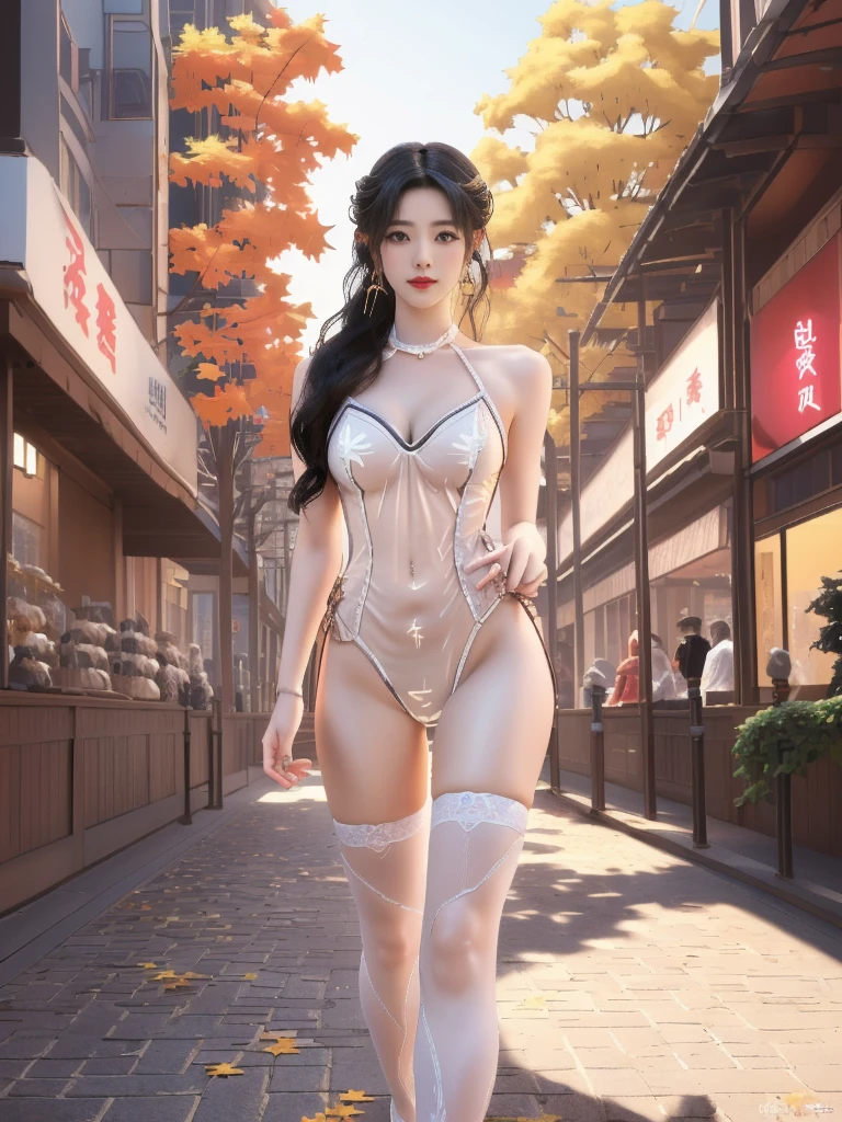 一个有着美丽脸庞的Sexy中国华裔女孩, Wear a transparent men&#39;s shirt, 内搭Sexy蕾丝内衣,
(((night, Ginkgo tree in autumn, Commercial Street, Ginkgo leaves all over the ground))), 
((8K Ultra HD, 8K, Ultra-high resolution, Best quality, Super Fine, Clear focus. Masterpieces, complete pattern, Ultra HD, Detailed photos, Best image quality，Ultra-clear，Delicate facial features，Well-defined, Highly rated works, Close-up depth of field photography, Above the knee)), 
((Creating the image of a real girl), Realistic shadows, Soft lighting, Dynamic Angle, Dynamic poses, Elegant Posture, Cowboy lens, Full body front view, Be confident, Facing the camera, Eyes looking towards camera lens, Standing posture, Open your legs slightly, Golden Ratio Graphics, Minimalism, Center the character), 
( Smile, Sexy的, Balanced Eyes, Realistic eyes, Beautiful details of the eyes,Pretty Face, (Realistic face), Normal facial features, Realistic skin, Pay attention to skin details, Skin is clean and radiant, Whitening, Anatomically correct body, Golden ratio figure, Sexy的身材), 
(Perfect makeup, Gloves, earrings, bracelet, necklace, Jewelry, Hair accessories, shawl, sock, Knee socks, 吊garter, Leg ring, garter, 腿部garter), 
((beautiful hair), Dark black hair, Wavy curly hairstyle, Waist-length hair, Messy Hairstyle, Gradient hairstyles, Cyberpunk Hairstyle, High double ponytail hairstyle), 
((Transparent clothes: 1.5), (Revealing clothes: 1.5),  (Wet clothes:1.0), (Color of clothes: Dreamy pink), Wearing transparent clothing), 
(Sexy的, Perfect breast shape, Teardrop chest shape, Snow-white breasts, Very detailed breasts, 36B cups), 
(Super high waist, Deep V, Low-cut, Sexy, Flattering, Open crotch, (Camel toe, High fork strangulation))