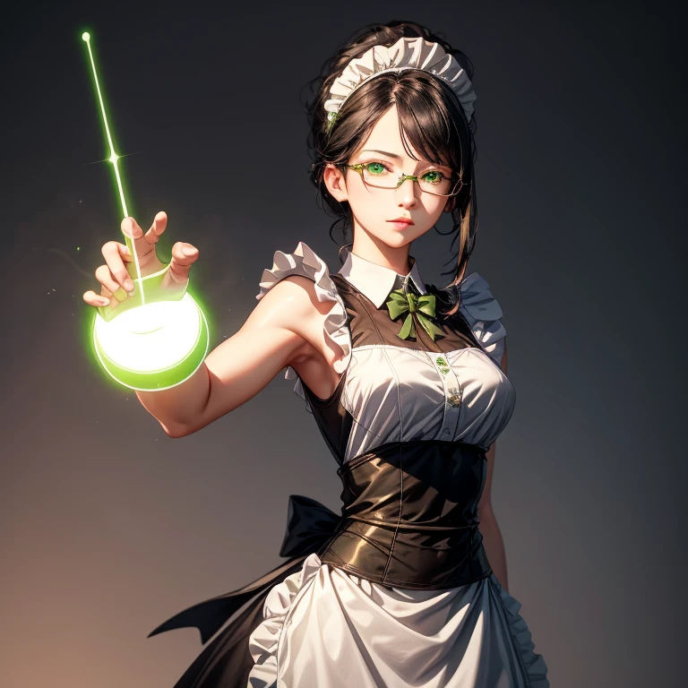 Focus on the upper body, Realistic, One girl, Black Hair, Glowing green eyes, Maid uniform, (Black-rimmed glasses:0.7), Standing pose, Manor Background, Perfect limbs,